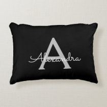 Black Silver Modern Script Girly Monogram Name Accent Pillow