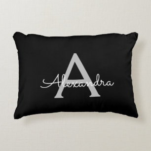 Black Silver Modern Script Girly Monogram Name Accent Pillow