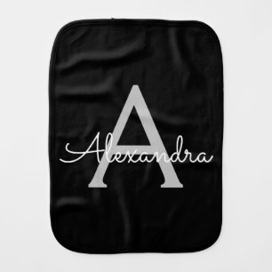Black Silver Modern Script Girly Monogram Name Baby Burp Cloth