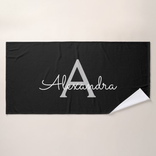 Black Silver Modern Script Girly Monogram Name Bath Towel