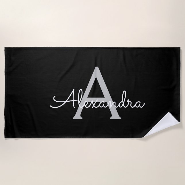 Black Silver Modern Script Girly Monogram Name Beach Towel (Front)