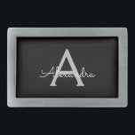 Black Silver Modern Script Girly Monogram Name Belt Buckle<br><div class="desc">Black and Silver Simple Script Monogram Name Belt Buckle. This makes the perfect graduation,  sweet 16 16th,  18th,  21st,  30th,  40th,  50th,  60th,  70th,  80th,  90th,  100th birthday,  wedding,  bridal shower,  anniversary,  baby shower or bachelorette party gift for someone that loves glam luxury and chic styles.</div>