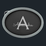 Black Silver Modern Script Girly Monogram Name Belt Buckle<br><div class="desc">Black and Silver Simple Script Monogram Name Belt Buckle. This makes the perfect graduation,  sweet 16 16th,  18th,  21st,  30th,  40th,  50th,  60th,  70th,  80th,  90th,  100th birthday,  wedding,  bridal shower,  anniversary,  baby shower or bachelorette party gift for someone that loves glam luxury and chic styles.</div>