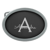 Black Silver Modern Script Girly Monogram Name Belt Buckle