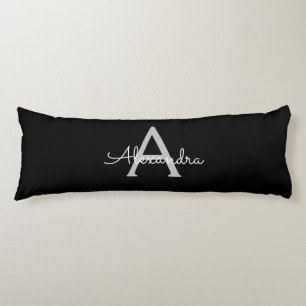 Black Silver Modern Script Girly Monogram Name Body Pillow