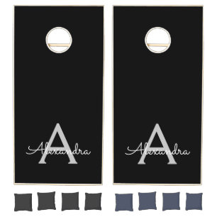 Black Silver Modern Script Girly Monogram Name Cornhole Set
