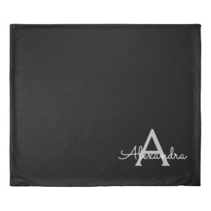 Black Silver Modern Script Girly Monogram Name Duvet Cover