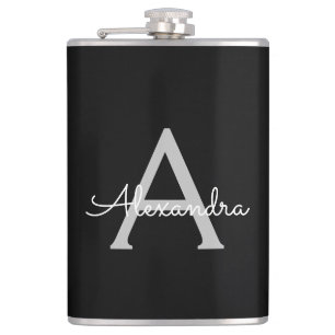 Black Silver Modern Script Girly Monogram Name Flask