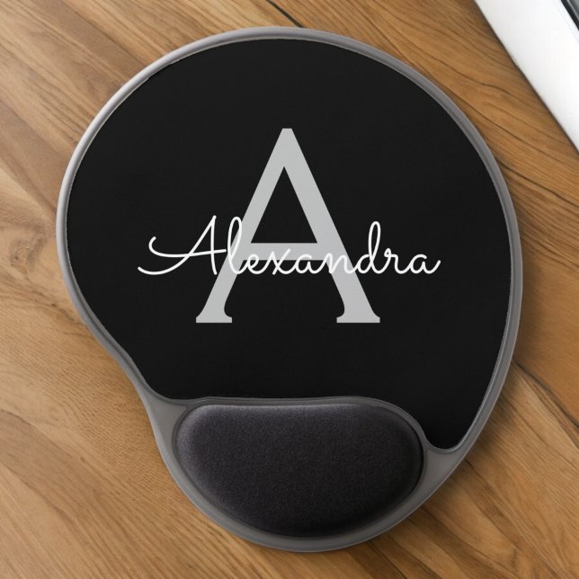 Black Silver Modern Script Girly Monogram Name Gel Mouse Pad (Creator Uploaded)