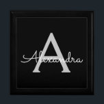 Black Silver Modern Script Girly Monogram Name Gift Box<br><div class="desc">Black and Silver Simple script Monogram Name Jewelry Keepsake Box. This makes the perfect graduation,  birthday,  wedding,  bridal shower,  anniversary,  baby shower or bachelorette party gift for someone that loves glam luxury and chic styles.</div>