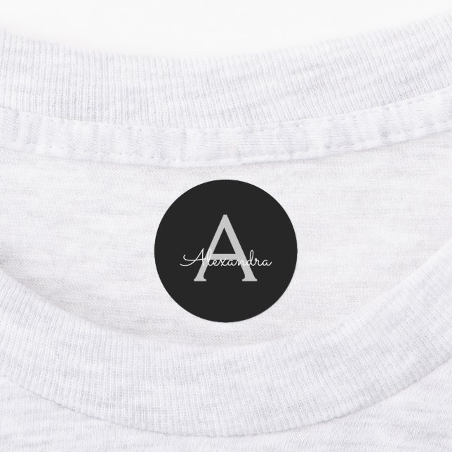 Black Silver Modern Script Girly Monogram Name Labels (Affixed)