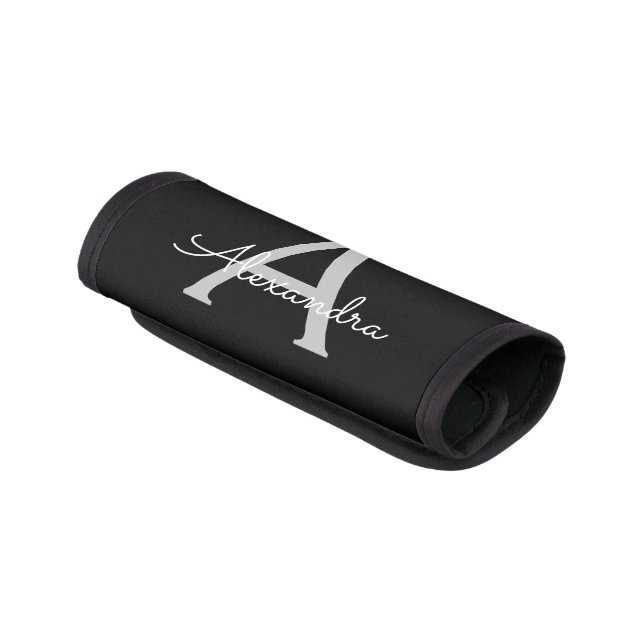 Black Silver Modern Script Girly Monogram Name Luggage Handle Wrap (Angled)