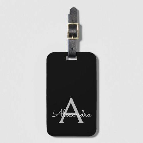 Black Silver Modern Script Girly Monogram Name Luggage Tag