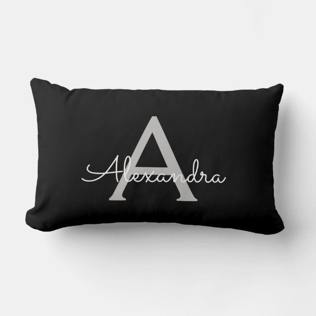 Black Silver Modern Script Girly Monogram Name Lumbar Pillow (Front)