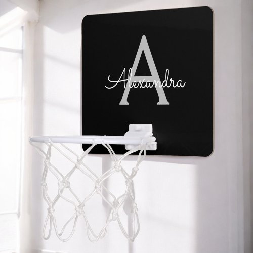 Black Silver Modern Script Girly Monogram Name Mini Basketball Hoop