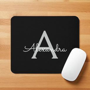Black Silver Modern Script Girly Monogram Name Mouse Pad