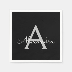 Black Silver Modern Script Girly Monogram Name Napkins