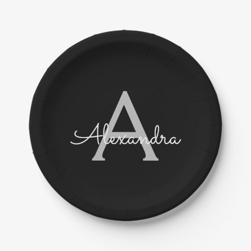 Black Silver Modern Script Girly Monogram Name Paper Plates