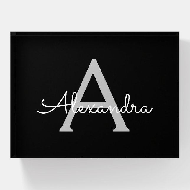 Black Silver Modern Script Girly Monogram Name Paperweight (Front)