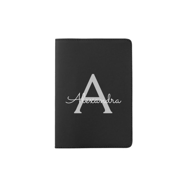 Black Silver Modern Script Girly Monogram Name Passport Holder (Front)