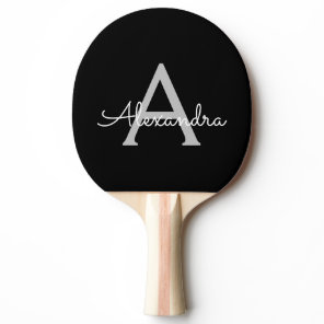 Black Silver Modern Script Girly Monogram Name Ping Pong Paddle