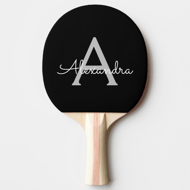 Black Silver Modern Script Girly Monogram Name Ping Pong Paddle (Front)