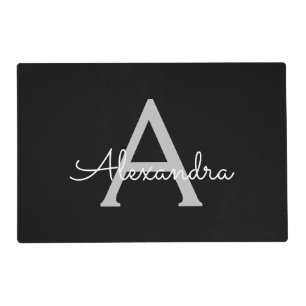 Black Silver Modern Script Girly Monogram Name Placemat