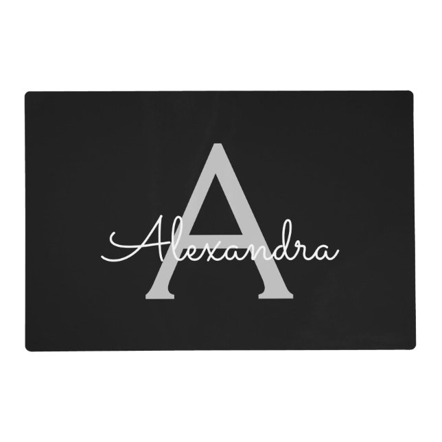 Black Silver Modern Script Girly Monogram Name Placemat (Front)