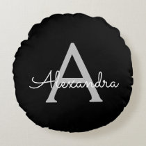 Black Silver Modern Script Girly Monogram Name Round Pillow