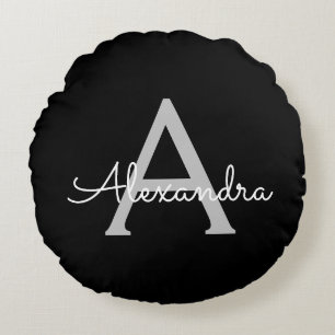 Black Silver Modern Script Girly Monogram Name Round Pillow