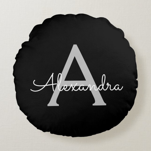 Black Silver Modern Script Girly Monogram Name Round Pillow (Front)