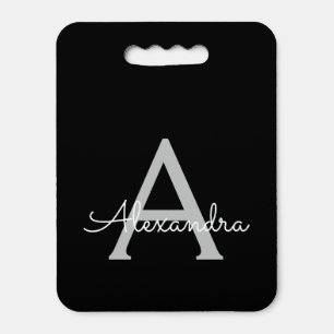 Black Silver Modern Script Girly Monogram Name Seat Cushion