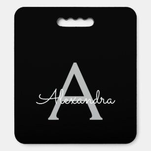 Black Silver Modern Script Girly Monogram Name Seat Cushion