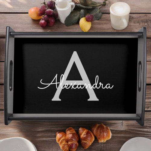 Black Silver Modern Script Girly Monogram Name Serving Tray