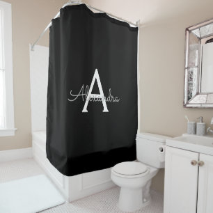 Black Silver Modern Script Girly Monogram Name Shower Curtain