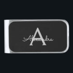 Black Silver Modern Script Girly Monogram Name Silver Finish Money Clip<br><div class="desc">Silver and Black Simple Script Monogram Name Money Clip. This makes the perfect graduation,  sweet 16 birthday,  wedding,  bridal shower,  anniversary,  baby shower or bachelorette party gift for someone that loves glam luxury and chic styles.</div>