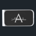 Black Silver Modern Script Girly Monogram Name Silver Finish Money Clip<br><div class="desc">Silver and Black Simple Script Monogram Name Money Clip. This makes the perfect graduation,  sweet 16 birthday,  wedding,  bridal shower,  anniversary,  baby shower or bachelorette party gift for someone that loves glam luxury and chic styles.</div>