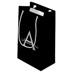 Black Silver Modern Script Girly Monogram Name Small Gift Bag