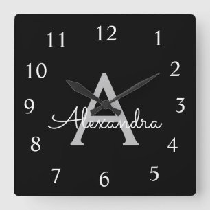 Black Silver Modern Script Girly Monogram Name Square Wall Clock