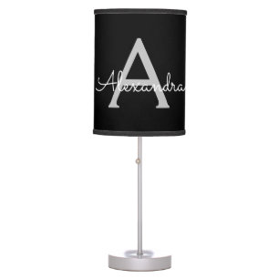 Black Silver Modern Script Girly Monogram Name Table Lamp