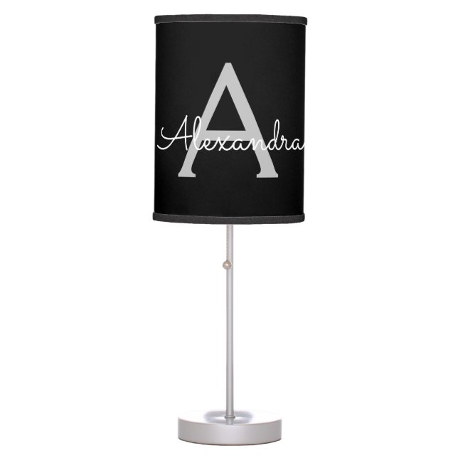 Black Silver Modern Script Girly Monogram Name Table Lamp (Front)