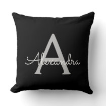Black Silver Modern Script Girly Monogram Name Throw Pillow