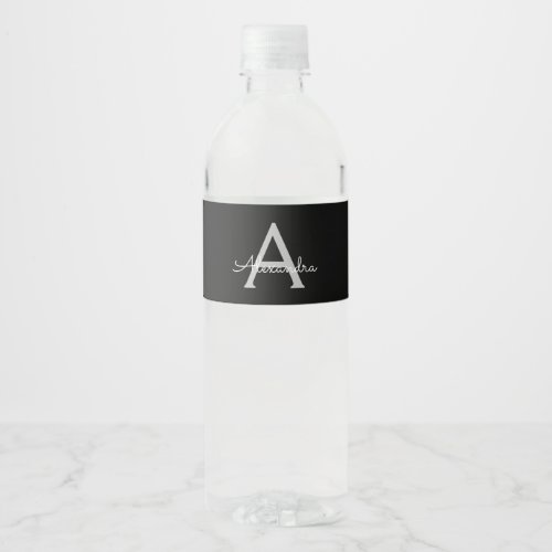 Black Silver Modern Script Girly Monogram Name Water Bottle Label