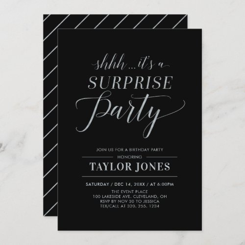 Black  Silver  Modern Surprise Birthday Party Invitation