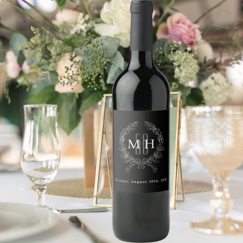 Black silver monogram 25th wedding anniversary wine label