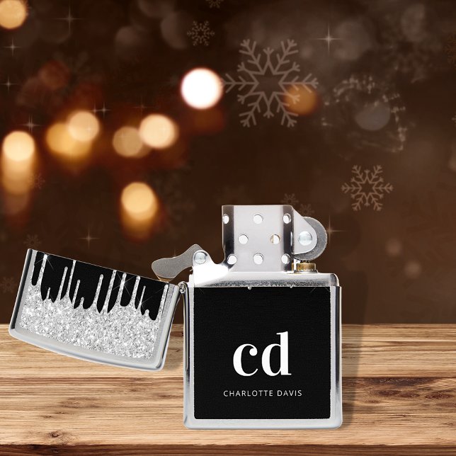 Black silver monogram initials glitter custom zippo lighter (Creator Uploaded)