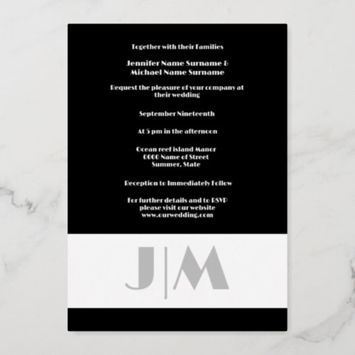 Black silver monogram monogrammed plain minimalist foil invitation