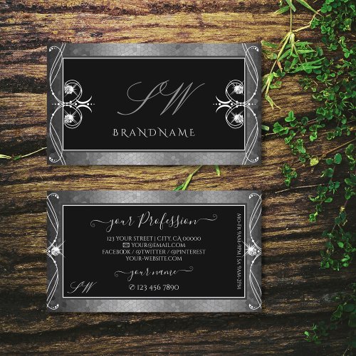 Black Silver Mosaic Ornate Sparkle Jewels Initials Business Card