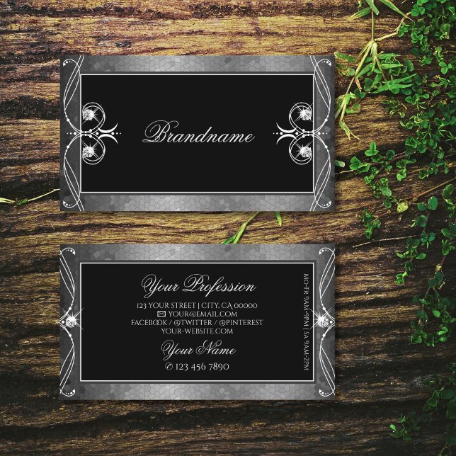 Black Silver Mosaic Ornate Sparkle Jewels Ornament Business Card (Creator Uploaded)
