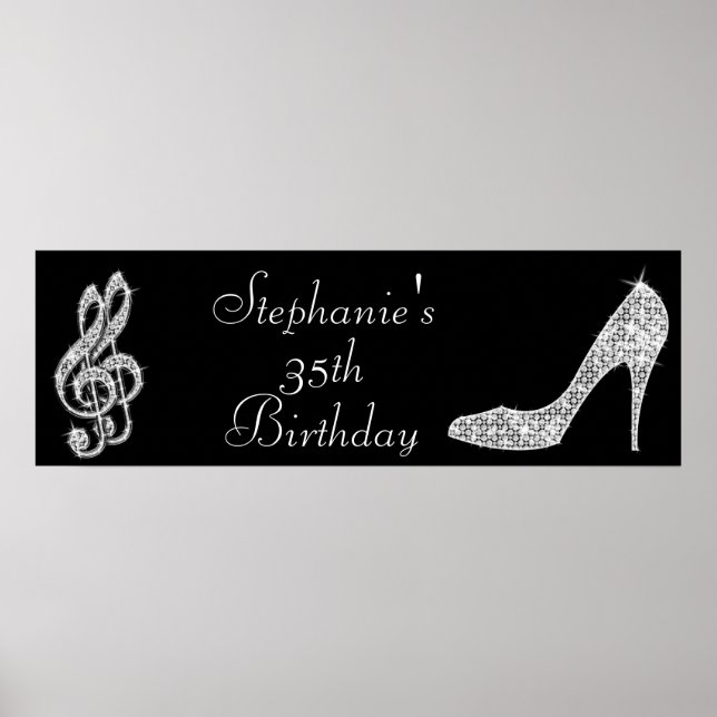 Black/Silver Music Note & Stiletto 35th Birthday Poster (Front)